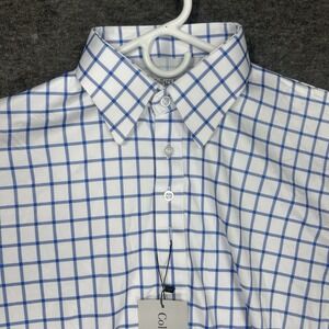 Collars and Co Polo Mens M White Blue Window plaid Dress Collar Short sleeve